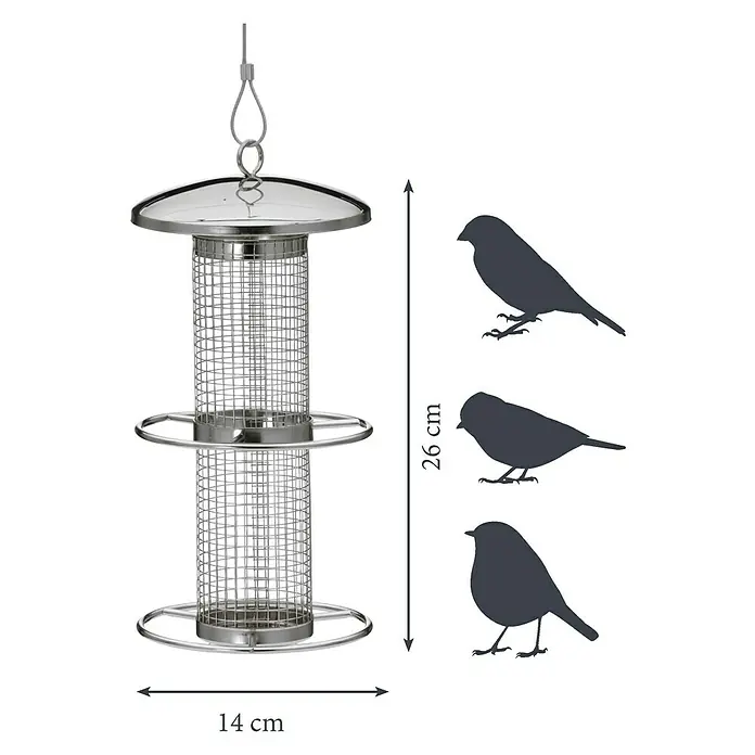 Dobar Futtersäule - Ø x H: 6,7 x 26 cm, Metall - Abbildung eines silbernen Vogelfutterautomaten mit Angaben zu Höhe und Durchmesser, begleitet von Vogelsilhouetten.