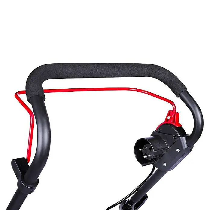 Hyundai Elektro-Vertikutierer-Lüfter SC3601E - 1.500 W, Arbeitsbreite: 36 cm - Bild eines Rasenmähers mit einem schwarzen Griff mit Schaumstoffpolsterung und einem roten Sicherheitsbügel.