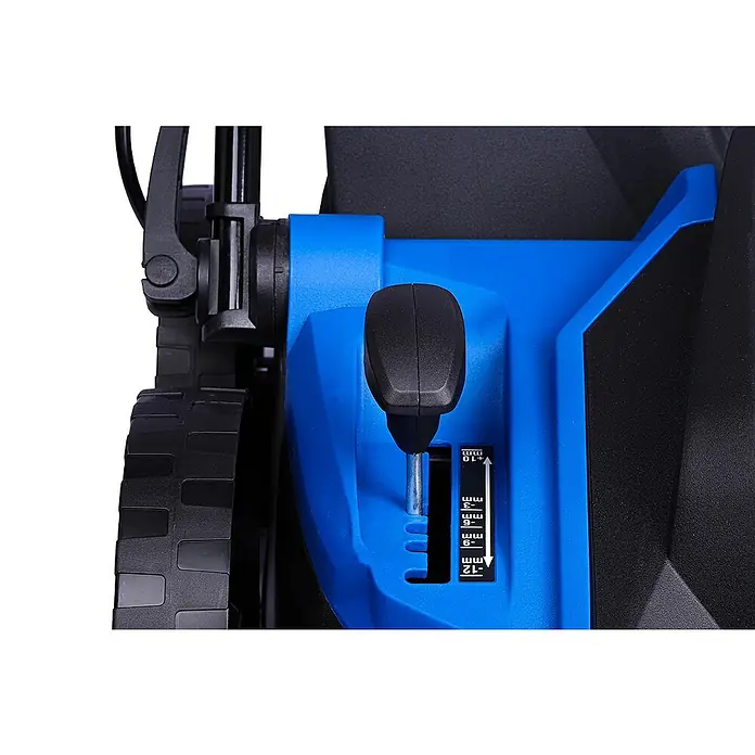 Hyundai Elektro-Vertikutierer-Lüfter SC3601E - 1.500 W, Arbeitsbreite: 36 cm - Detailaufnahme eines Rasenmähers mit Fokus auf die Höheneinstellung, die eine präzise Anpassung ermöglicht.