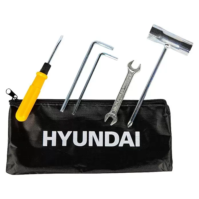 Hyundai Benzinwasserpumpe GWP25052 - 1,35 kW, Max. Fördermenge: 8.000 l/h - Schwarze HYUNDAI Werkzeugtasche mit gelbem Schraubendreher, zwei Inbusschlüsseln, Gabelschlüssel und Zündkerzenschlüssel.