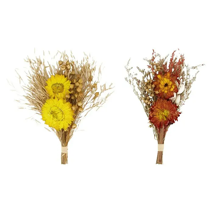 Ramo de flores secas - Largo: 15 cm, Amarillo - Dos ramos de flores secas, uno con flores amarillas y otro con flores naranjas, sobre un fondo negro.