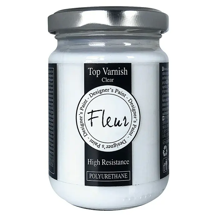 Fleur Barniz Flakes - Transparente, Brillante, 330 ml - Un tarro de Fleur Top Varnish Clear, un barniz de poliuretano de alta resistencia ideal para pinturas de diseño.