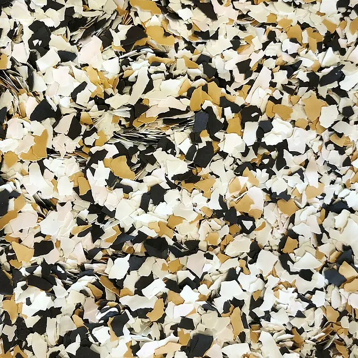 Fleur Elemento decorativo Flakes Terrazzo - Tiger eye, Otros - Primer plano de chips de color negro, blanco y beige, perfectos para revestimientos de suelos o aplicaciones decorativas.