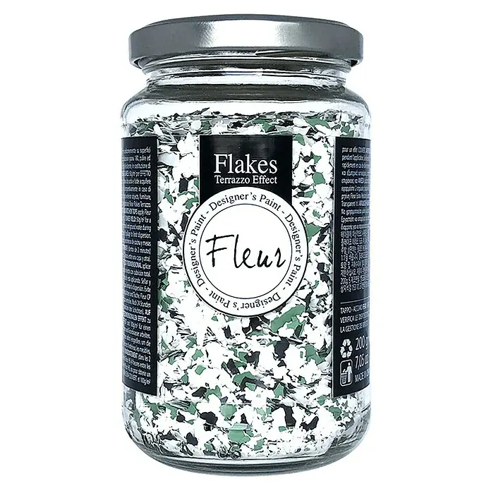 Fleur Elemento decorativo Flakes Terrazzo - Green jasper, Otros - Bote de pintura Fleur Designer con escamas efecto terrazo en verde y negro para diseños creativos de paredes y muebles.