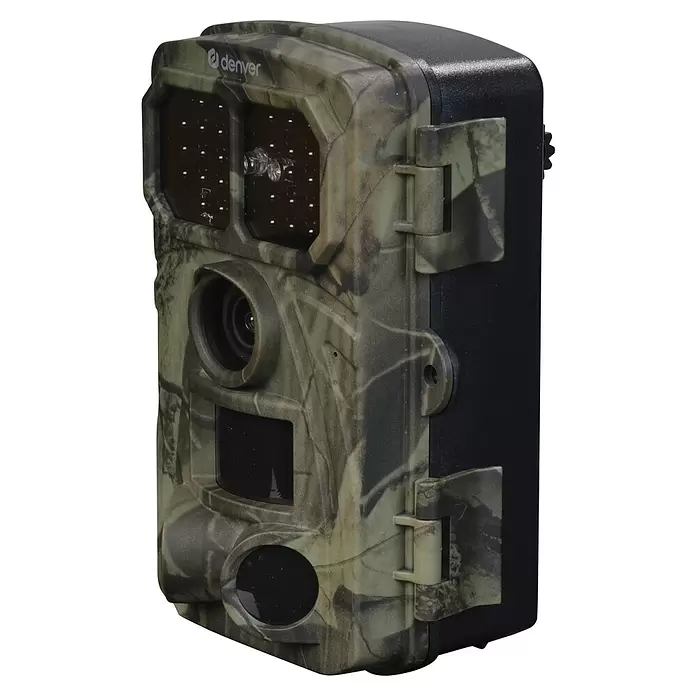 Denver Wildkamera WCT-8026W - Camouflage, IP65 - Tarnfarbene Wildkamera mit schwarzen Akzenten, ausgestattet mit Objektiv, IR-LEDs und Bewegungssensor zur Überwachung im Freien.
