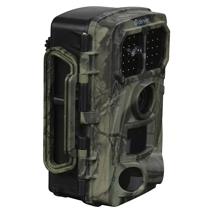 Denver Wildkamera WCT-8026W - Camouflage, IP65 - Tarnfarbene Wildkamera mit schwarzem Gehäuse, mehreren IR-LEDs, Objektiv und Bewegungssensoren für die Außenüberwachung.