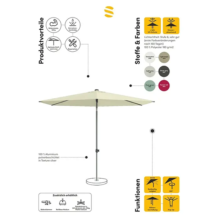 Suncomfort Marktschirm rund Pop Up - Sandweiß, Durchmesser Bespannung: 300 cm - Sonnenschirm mit Produktvorteilen, Stoff- und Farboptionen sowie zusätzlichen Funktionen und erhältlichem Zubehör dargestellt.
