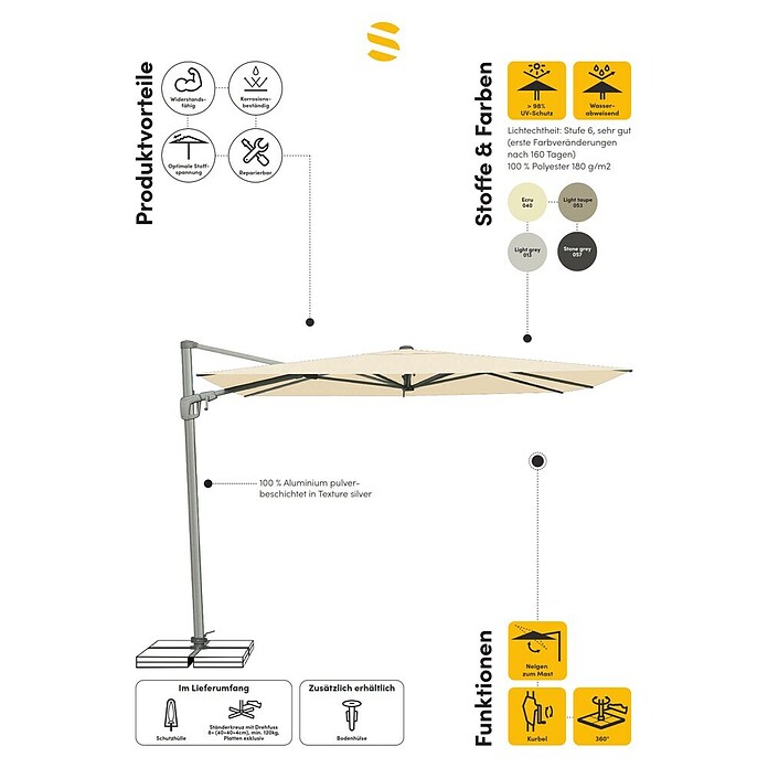 Suncomfort Ampelschirm Sunflex (Hellgrau, Bespannungsmaß (L x B): 300 x 300 cm) | BAUHAUS