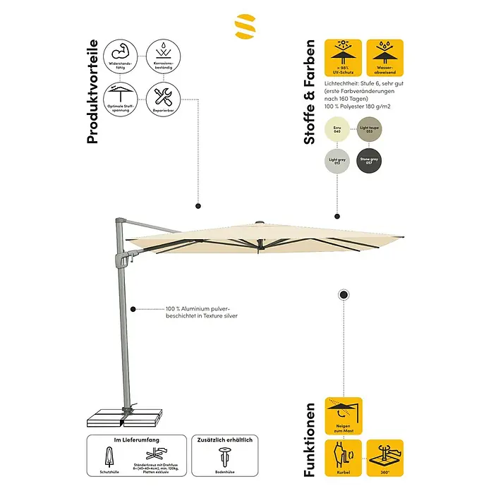 Suncomfort Ampelschirm Sunflex - Light Taupe, Bespannungsmaß (L x B): 300 x 300 cm - Produktbild eines Sonnenschirms mit Details zu Produktvorteilen, Stoffen/Farben und Funktionen, inklusive Zubehör und Optionen.