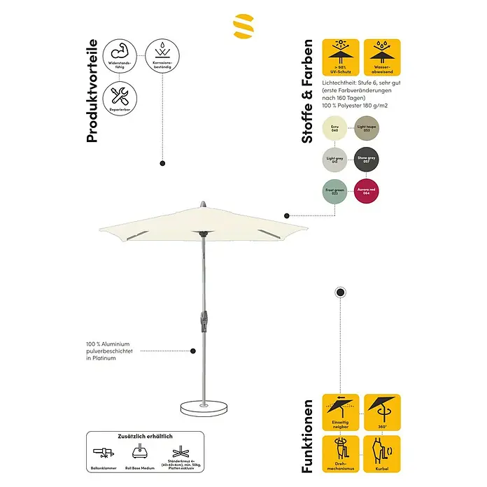 Suncomfort Marktschirm Shell-Turn - Aurora Rot, Durchmesser Bespannung: 300 cm - Produktbild eines Sonnenschirms mit Produktvorteilen, Stoffvarianten und Funktionen für den Außenbereich.