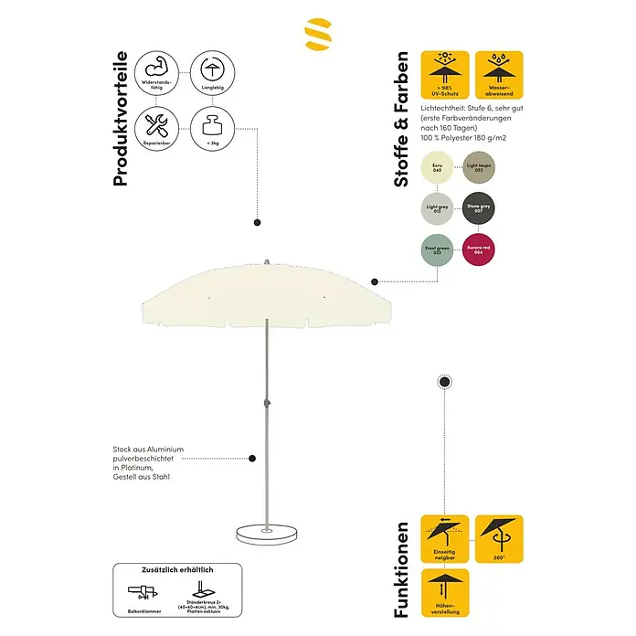 Suncomfort Strandschirm Siesta - Hellgrau, Durchmesser Bespannung: 200 cm - Produktbild eines Sonnenschirms mit Infos zu Vorteilen, Stoff & Farben, Funktionen, Zubehör und Material.