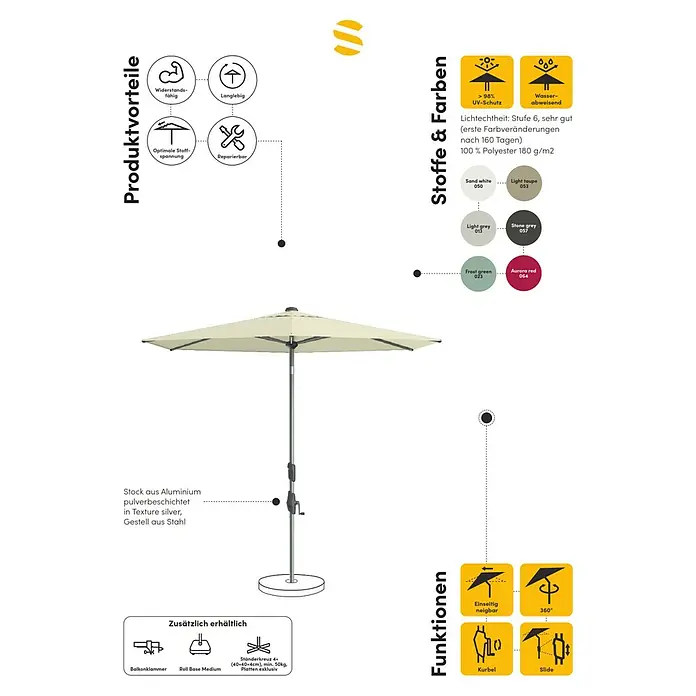 Suncomfort Marktschirm rund Slide - Steingrau, Durchmesser Bespannung: 250 cm - Darstellung eines Sonnenschirms mit Details zu Produktvorteilen, Stoffen, Farben und Funktionen.