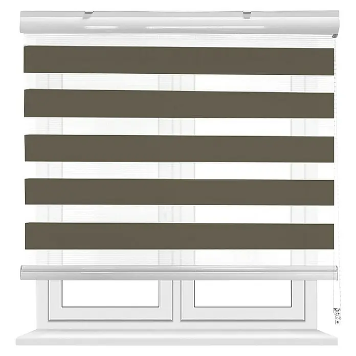Estor noche y día Martina - An x Al: 90 x 190 cm, Taupe - Una ventana elegante con persianas enrollables modernas con un patrón de rayas marrón y blanco, que brindan privacidad y control de luz.