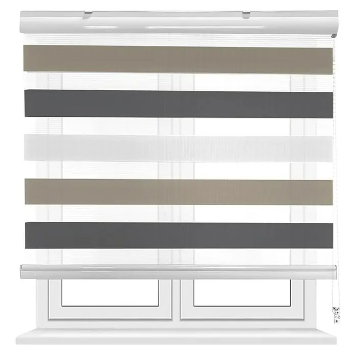Estor noche y día Martina - An x Al: 90 x 190 cm, Multicolor - Primer plano de una ventana con estores enrollables a rayas grises, marrones y blancas, que ofrecen privacidad y control de la luz.