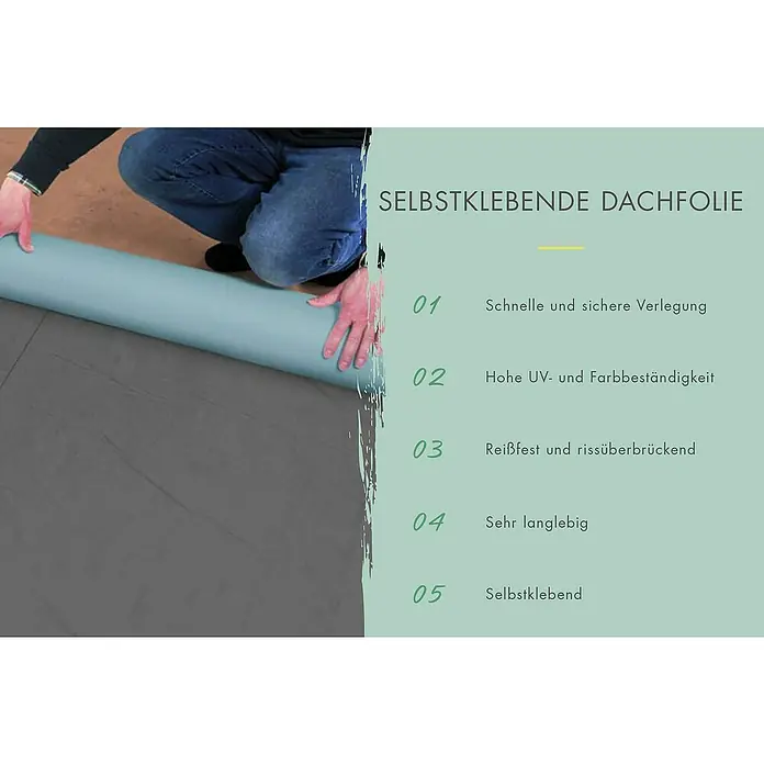 Karibu Gartenhaus Flora 3 - Außenmaß inkl. Dachüberstand (B x T): 297 x 237 cm, Holz, Natur - Selbstklebende Dachfolie wird ausgerollt, Eigenschaften wie schnelle Verlegung und UV-Beständigkeit werden hervorgehoben.