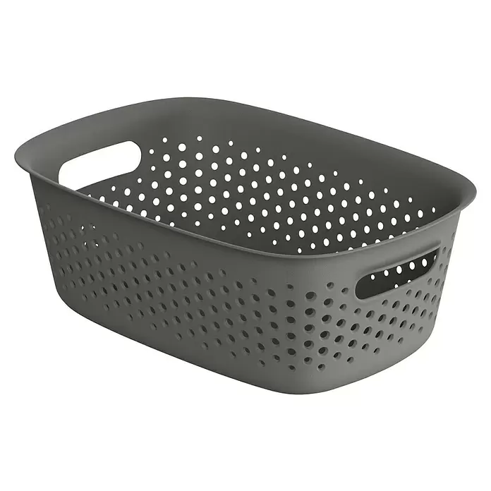 Aufbewahrungsbox OpenStore - L x B x H: 28 x 19,5 x 10,5 cm, Kunststoff, Grau - Dunkelgrauer, perforierter Plastik-Aufbewahrungskorb mit Griffen.