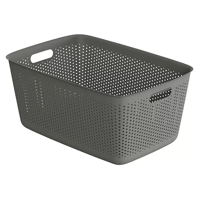 Aufbewahrungsbox OpenStore - L x B x H: 58 x 39,5 x 26,5 cm, Kunststoff, Grau - Rechteckiger, dunkelgrauer, perforierter Kunststoff-Aufbewahrungskorb mit Griffen.