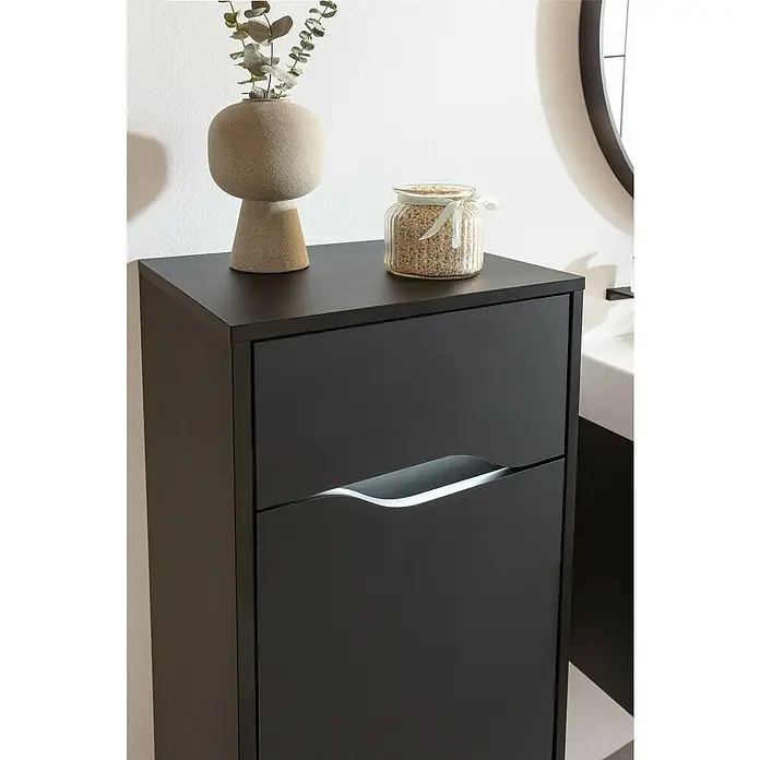 Camargue Curve Badmöbel-Set - Gesamtbreite Badmöbel: 80 cm, Schwarz, Matt, DIN Anschlag: Links, Mit LED-Spiegelschrank - Elegantes Badezimmer-Element mit stilvollem Design, inklusive einer modernen Schublade und minimalistischer Dekoration für ein ansprechendes Ambiente.