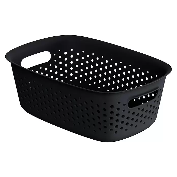 Aufbewahrungsbox OpenStore - L x B x H: 28 x 19,5 x 10,5 cm, Kunststoff, Mitternachts Schwarz - Schwarzer rechteckiger gelochter Aufbewahrungskorb aus Kunststoff mit integrierten Griffen.