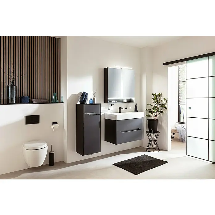 Camargue Curve Badmöbel-Set - Gesamtbreite Badmöbel: 80 cm, Schwarz, Matt, DIN Anschlag: Links, Mit LED-Spiegelschrank - Elegantes Badezimmer-Interieur mit schwebendem Waschtischunterschrank in Anthrazit, Spiegelschrank mit Beleuchtung und wandhängendem WC für ein modernes Ambiente.