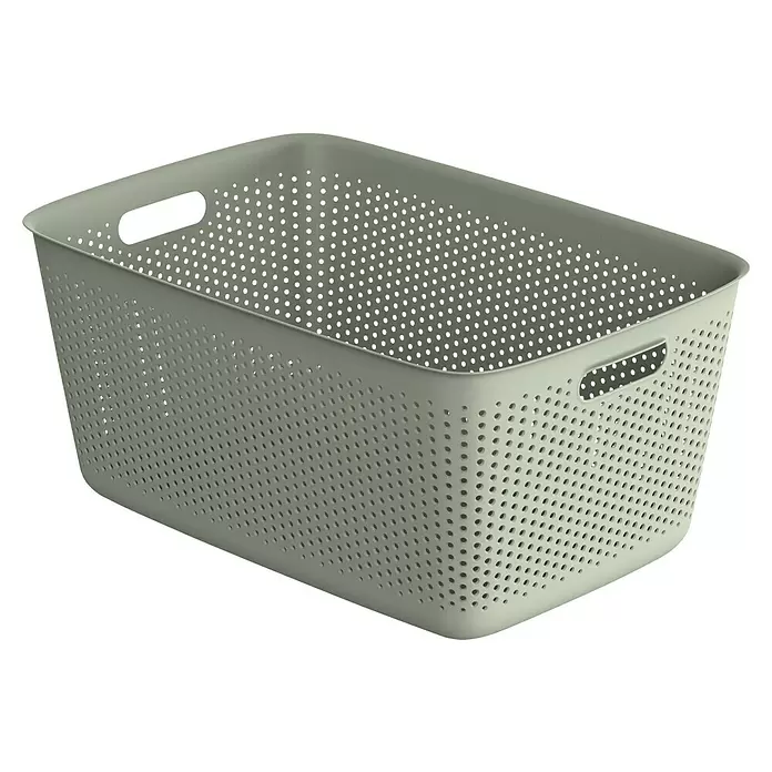 Aufbewahrungsbox OpenStore - L x B x H: 58 x 39,5 x 26,5 cm, Kunststoff, Grün - Perforierter hellgrauer Kunststoff-Aufbewahrungskorb mit Griffen.