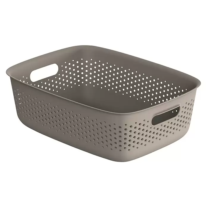 Aufbewahrungsbox OpenStore - L x B x H: 39 x 29 x 13 cm, Kunststoff, Taupe - Grauer, rechteckiger, perforierter Aufbewahrungskorb aus Kunststoff mit integrierten Griffen.