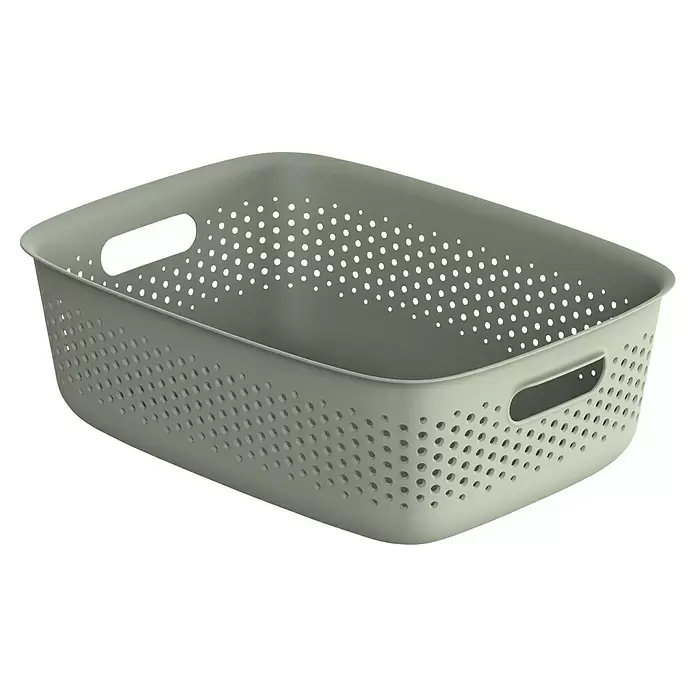 Aufbewahrungsbox OpenStore - L x B x H: 39 x 29 x 13 cm, Kunststoff, Grün - Salbeigrüner gelochter Plastik-Aufbewahrungskorb mit integrierten Griffen.