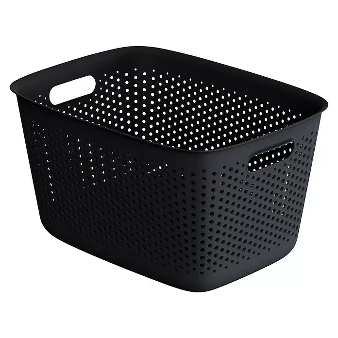 Aufbewahrungsbox OpenStore - L x B x H: 39 x 29 x 22 cm, Kunststoff, Mitternachts Schwarz - Schwarzer, gelochter Plastik-Aufbewahrungskorb mit integrierten Griffen zum Organisieren von Gegenständen.