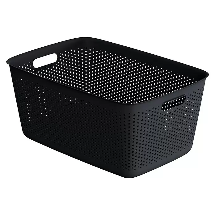 Aufbewahrungsbox OpenStore - L x B x H: 58 x 39,5 x 26,5 cm, Kunststoff, Mitternachts Schwarz - Schwarzer perforierter Kunststoff-Aufbewahrungskorb mit Griffen.
