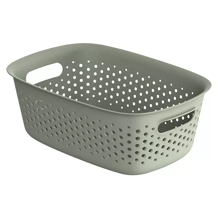 Aufbewahrungsbox OpenStore - L x B x H: 28 x 19,5 x 10,5 cm, Kunststoff, Grün - Hellgrüner, perforierter Plastik-Aufbewahrungskorb mit Griffen.