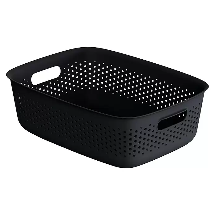 Aufbewahrungsbox OpenStore - L x B x H: 39 x 29 x 13 cm, Kunststoff, Mitternachts Schwarz - Schwarzer, perforierter Kunststoff-Aufbewahrungskorb mit Griffen.