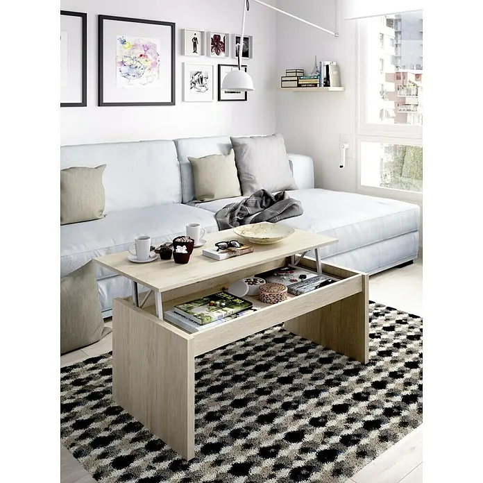 Dekit Mesa auxiliar de jardín Side - L x An x Al: 50 x 100 x 43 cm, Natural - Una sala de estar moderna con un sofá de color claro y una mesa de centro elevable de madera clara que proporciona espacio de almacenamiento adicional.