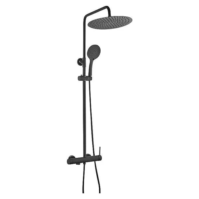 IO Inverter R Sistema de ducha - Grifo monomando, Distancia entre orificios: 15 cm, Número de tipos de chorro: 3 ud., Negro - Columna de ducha negra con rociador y ducha de mano para un baño moderno. Diseño elegante para una experiencia de ducha relajante.