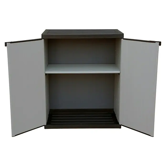 Kunststoff-Mehrzweckschrank - L x B x H: 39,5 x 68 x 85 cm - Ein offener grauer Kunststoffschrank mit zwei Türen und einem Regalboden. Ideal für die Aufbewahrung im Innen- und Außenbereich.