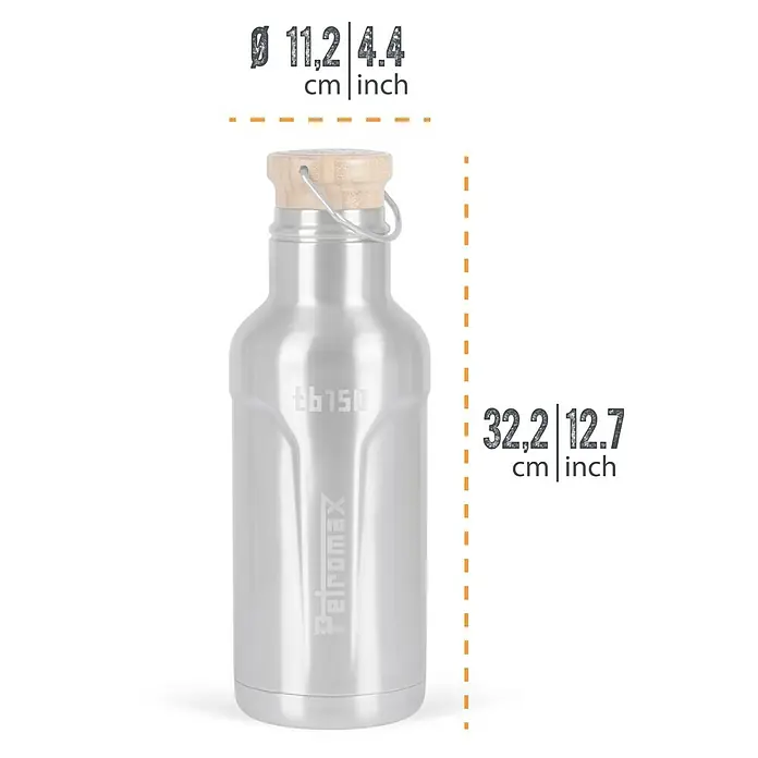 Petromax Thermoflasche - 1,5 l, Edelstahl, Ø x H: 11,2 x 32,2 cm - Edelstahl Trinkflasche mit Holzdeckel und Maßangaben in cm und Inch.