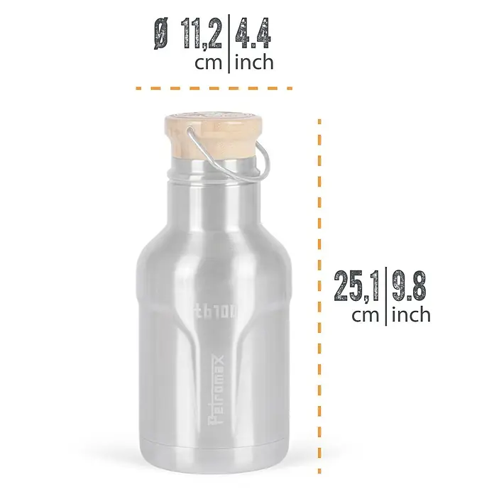 Petromax Thermoflasche - 1 l, Edelstahl, Ø x H: 11,2 x 25,1 cm - Abmessungen der Petromax Edelstahl Thermosflasche: Durchmesser 11,2cm, Höhe 25,1cm. Robuste Trinkflasche für Outdoor-Abenteuer.