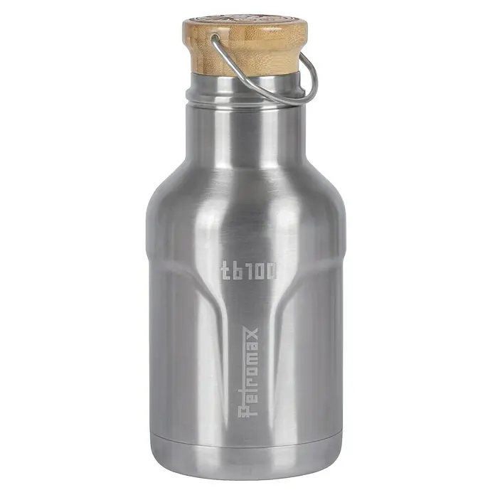 Petromax Thermoflasche - 1 l, Edelstahl, Ø x H: 11,2 x 25,1 cm - Petromax Edelstahl Trinkflasche mit Holzdeckel und Tragegriff, ideal für unterwegs und Outdoor-Aktivitäten.