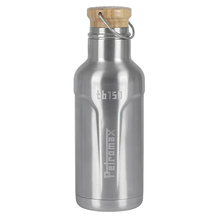 Petromax Thermoflasche - 1,5 l, Edelstahl, Ø x H: 11,2 x 32,2 cm - Silberne Petromax Trinkflasche mit Holzdeckel und dem Schriftzug Petromax tb150.
