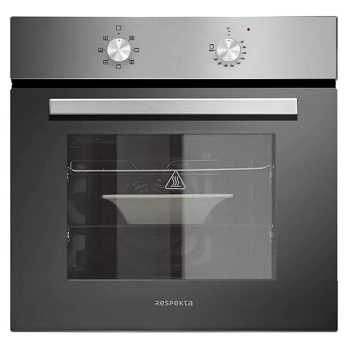 Respekta Oliver Cocina compacta Oliver - Ancho: 205 cm, Blanco, Horno, lavavajillas, placa de cocina doble y frigorífico - Horno empotrado negro con panel de control de acero inoxidable, tirador y puerta de cristal. Dos mandos y marca 'Respekta'.