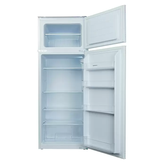 Respekta Kühl-Gefrierkombination Moray für Einbau - 54 x 54 x 144 cm, Weiß, Nutzinhalt Gesamt: 220 l - Weißer zweitüriger Kühlschrank mit geöffneten Türen, zeigt leere Fächer und Gefrierteil.