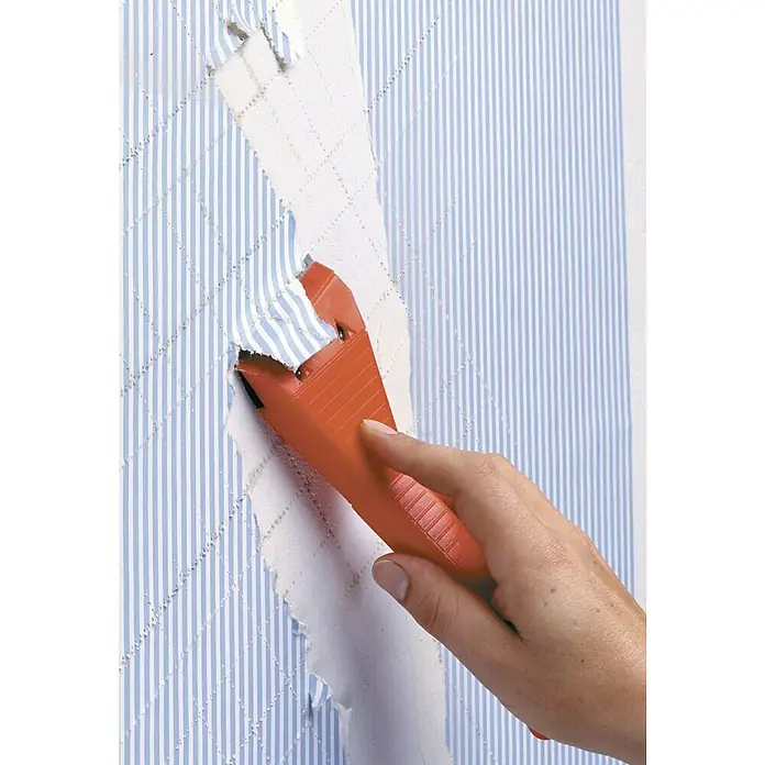 Lehnartz Tapetenentferner Expert - Klingenbreite: 8 cm - Ein Werkzeug zum Tapetenentfernen wird verwendet, um gestreifte Tapeten von einer Wand zu lösen.
