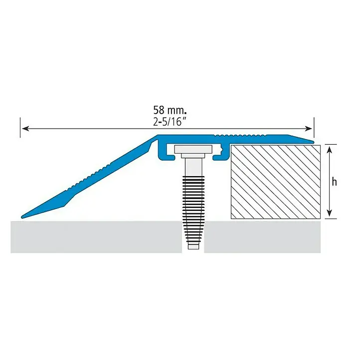 Perfil de transición Aluminio - Aluminio, Plateado, 1 m x 20 mm - Ilustración de un perfil de transición con dimensiones, ideal para trabajos de pavimentación y ajuste de diferentes alturas.