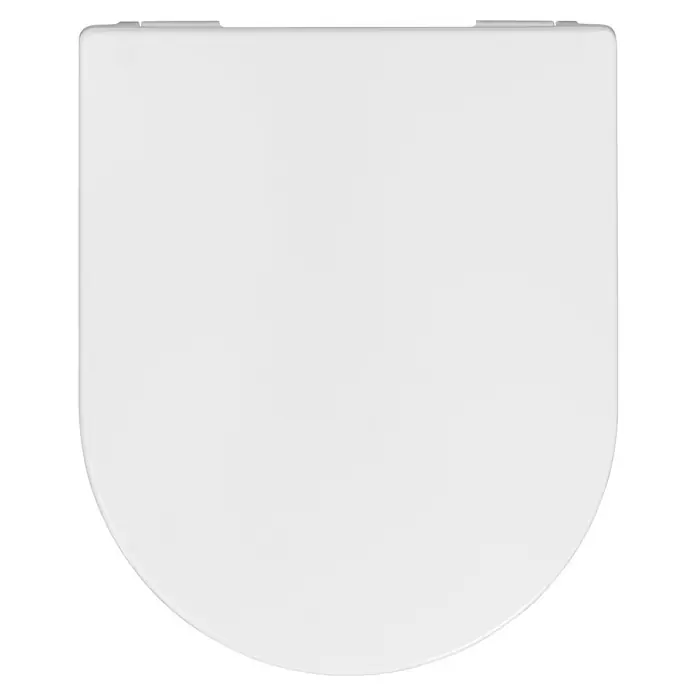 Camargue Empire WC-Sitz 2.0 - Duroplast, Weiß, Mit Absenkautomatik - Nahaufnahme eines weißen WC-Sitzes mit rechteckiger Form und abgerundeten Ecken auf schwarzem Hintergrund.