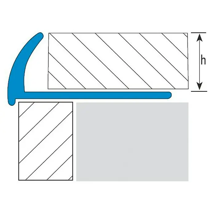 Perfil para baldosas PVC Crema rústica - 2,5 m x 12 mm - Vista de perfil de un perfil de sellado azul montado en dos superficies. La marca "h" indica la altura del elemento superior.