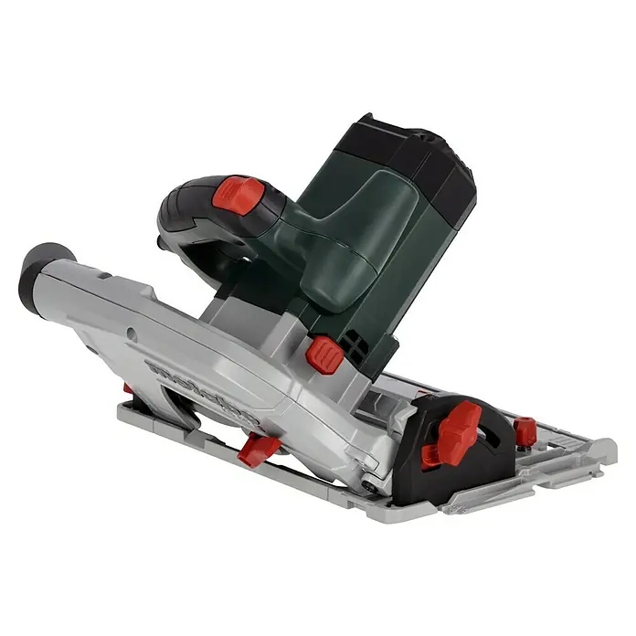 Metabo Handkreissäge KS 66FS1.500 W, Durchmesser Sägeblatt: 190 mm, Schnitttiefe bei 90 °: 66 mm - Eine Metabo Tauchsäge im Detail. Das Werkzeug ist silbern und hat rote Knöpfe.