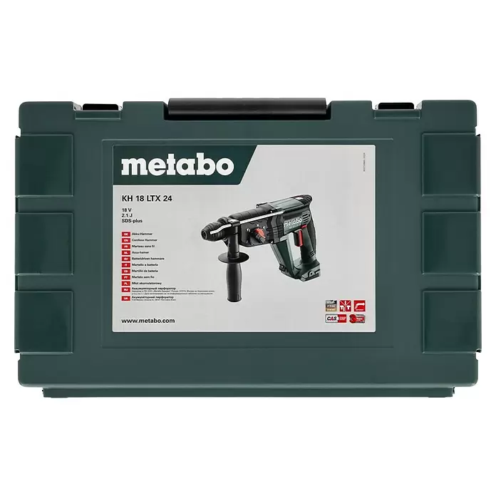 Metabo CAS 18V Martillo combinado de batería KH 18 LTX 24 - 18 V, Sin batería, 2,1 J - Maletín de herramientas Metabo verde oscuro con una etiqueta del taladro percutor a batería KH 18 LTX 24.