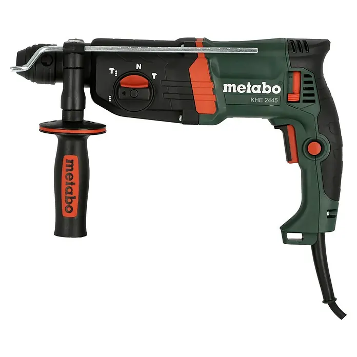 Metabo Kombihammer KHE 2445 - 800 W, 2,4 J, SDS-Plus-Aufnahme - Abbildung eines Metabo KHE 2445 Bohrhammers mit grünem und schwarzem Design. Ideal für Bau- und Renovierungsarbeiten.