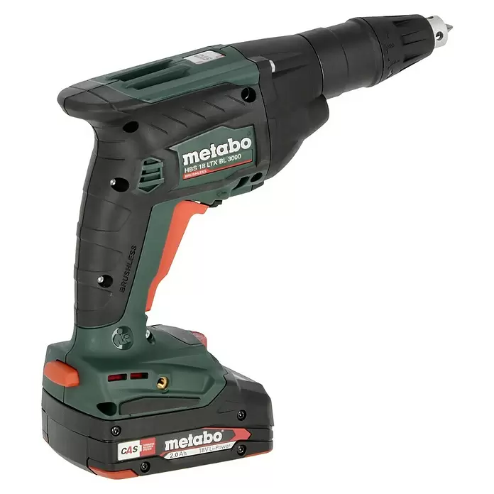Metabo CAS 18V Atornillador para placas de yeso de batería HBS 18 LTX BL 3000 - 18 V, 2 baterías, 2 Ah - Taladro atornillador de pladur sin cable Metabo HBS 18 LTX BL 3000, verde y negro con detalles naranjas y batería de 18V Li-Power.