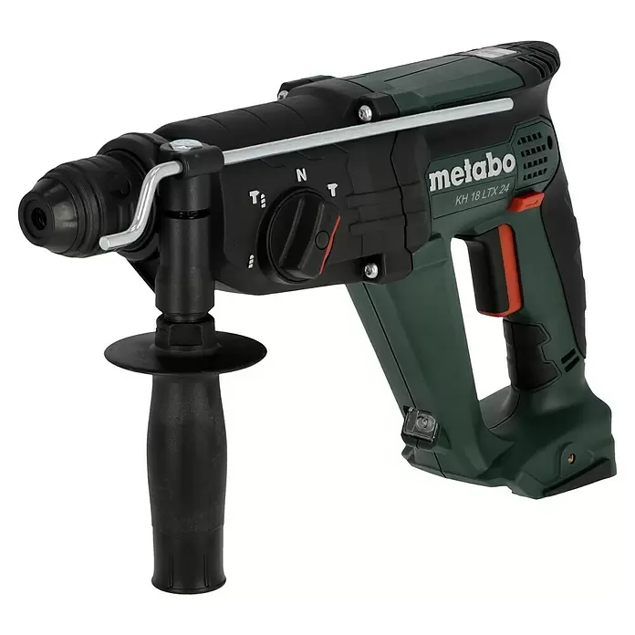 Metabo CAS 18V Martillo combinado de batería KH 18 LTX 24 - 18 V, Sin batería, 2,1 J - Martillo perforador Metabo KH 18 LTX 24 en verde oscuro y negro, con empunyadura auxiliar.