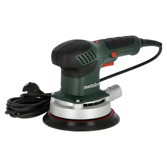 Metabo Lijadora excéntrica eléctrica SXE 3150 - 310 W, Diámetro disco de lija: 150 mm - Lijadora orbital Metabo, verde oscuro y negro, base plateada, botón rojo, y cable de alimentación.